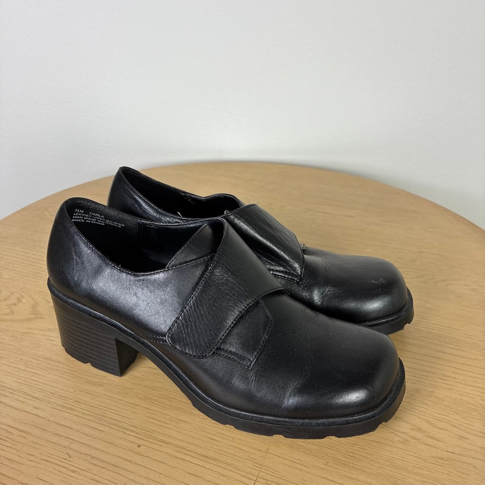 Gloria Vanderbilt Leather Square Toe Chunky Block Heel Loafers Women 7.5 Y2K 90s